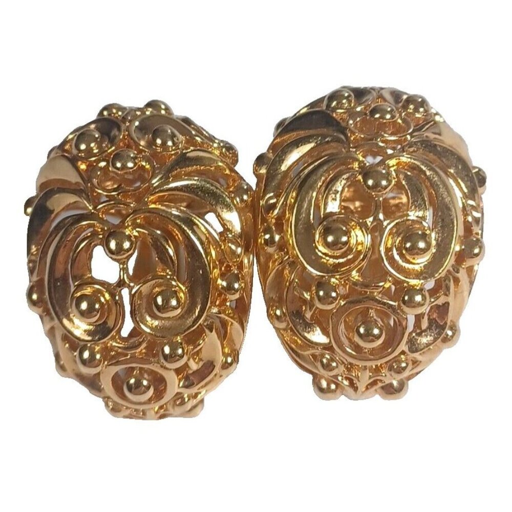 St. John Vintage Signed Gold Plated THICK Filigree Floral Runway Clip On Earring